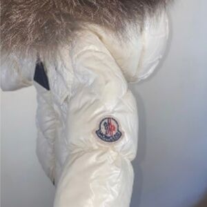 White moncler puffer coat with fur trim